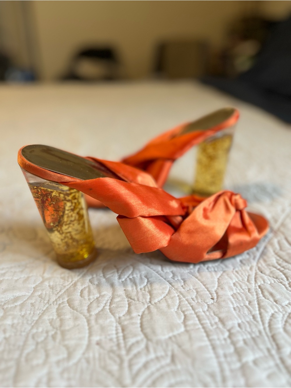 RAYE Orange Satin Knot Mules with Gold Lucite Heels